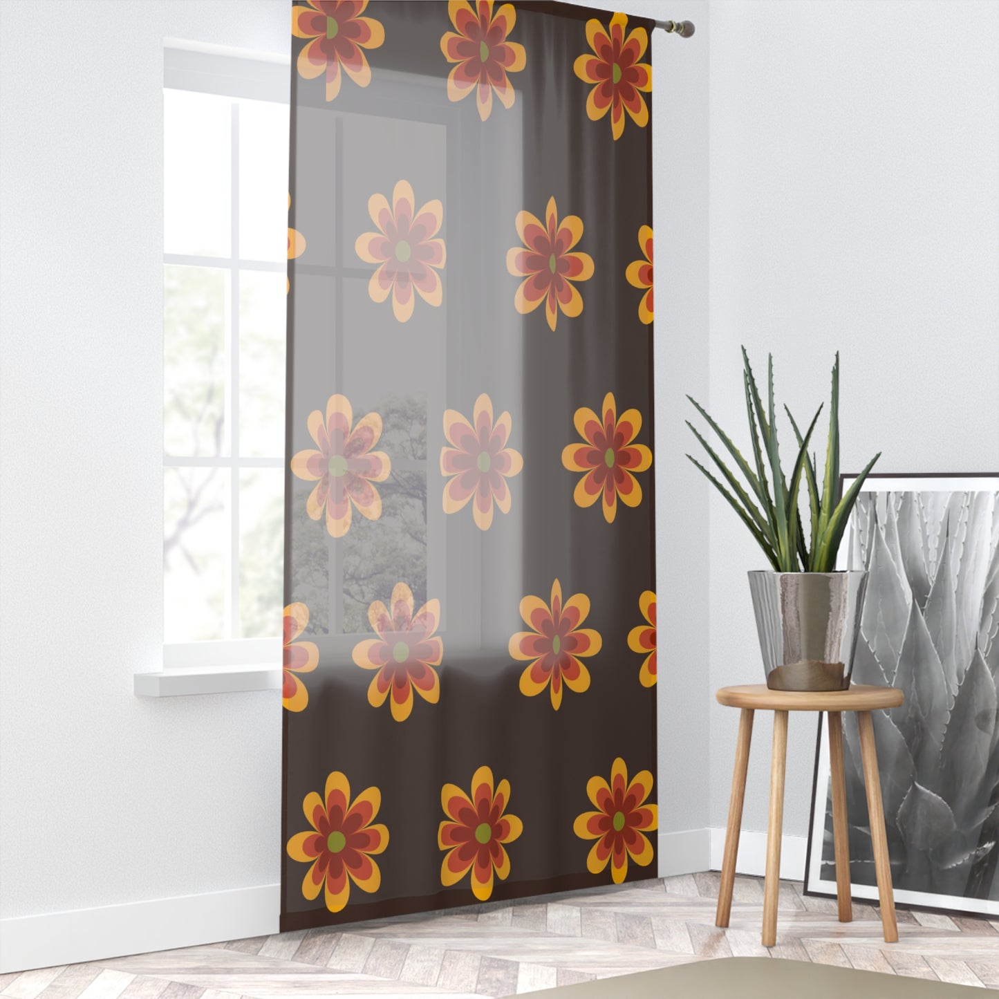 Retro Brown and orange flower sheer Window Curtain, hippie flowers, retro home decor