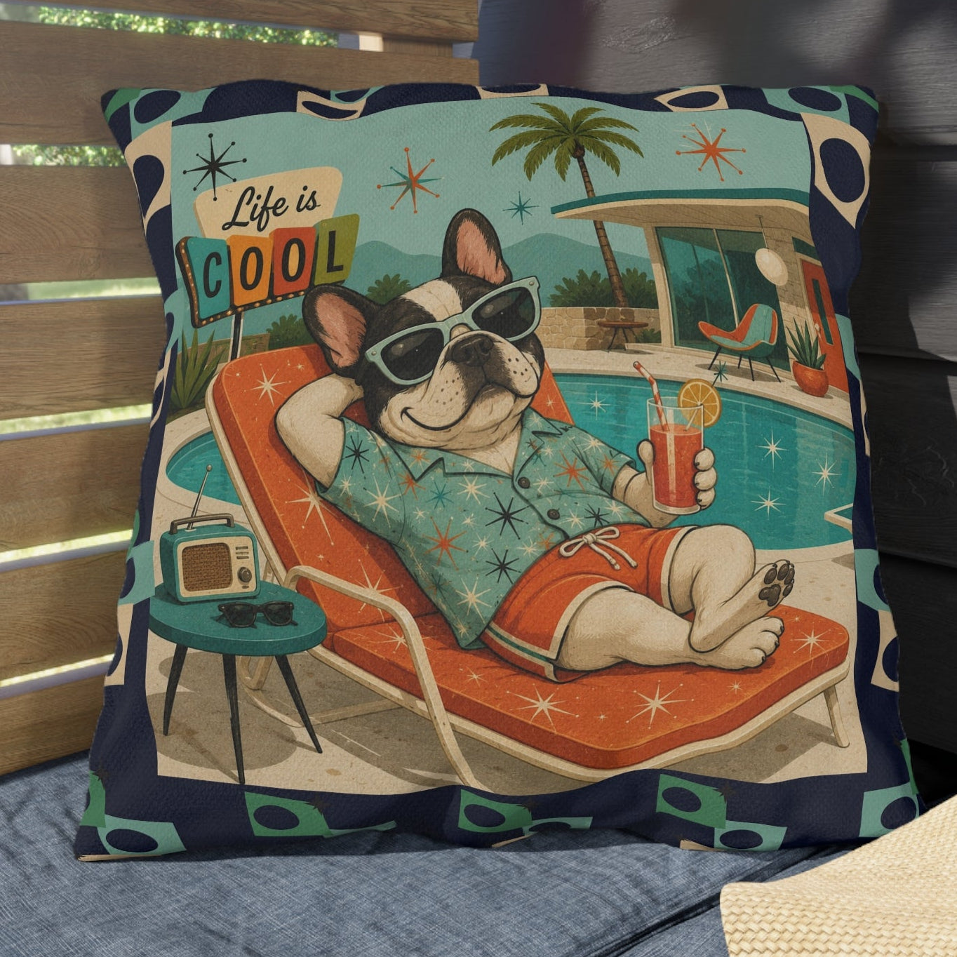 A square decorative throw pillow featuring a retro cartoon illustration of a black and white dog lounging by a pool with palm trees and the words 'Life is COOL', styled on an outdoor patio cushion next to a straw hat.