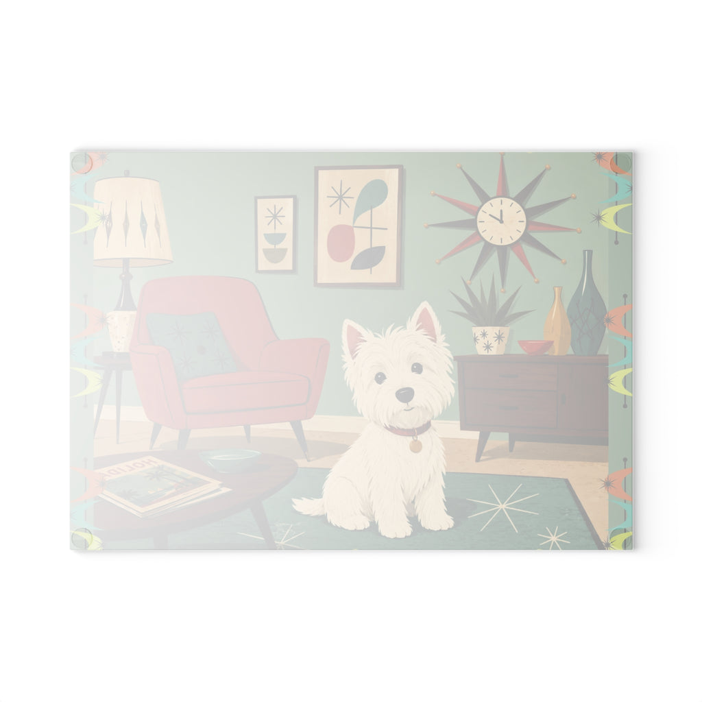 Westie in Mid-Century Living Room Glass Cutting Board | Retro Dog Kitchen Decor