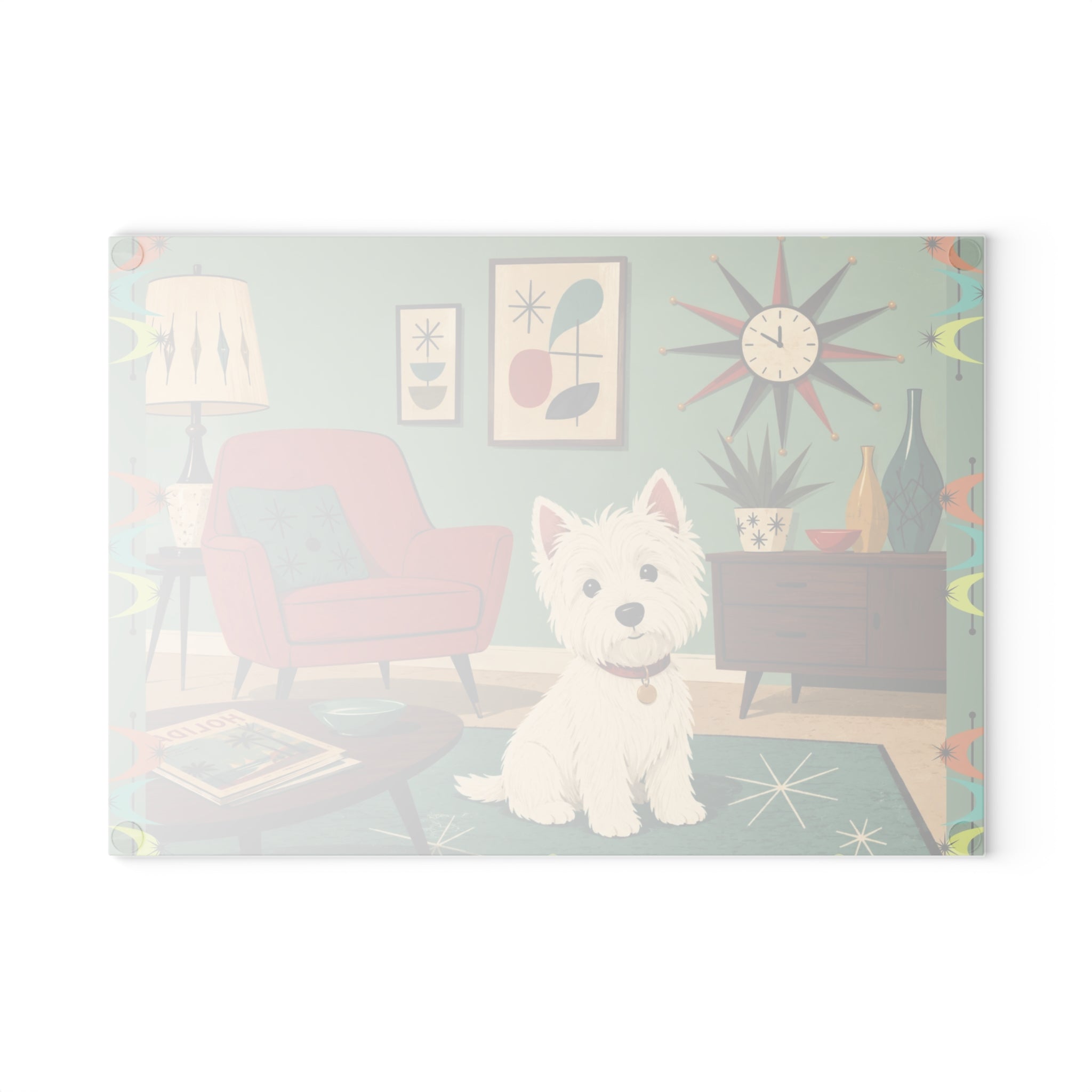 Westie in Mid-Century Living Room Glass Cutting Board | Retro Dog Kitchen Decor