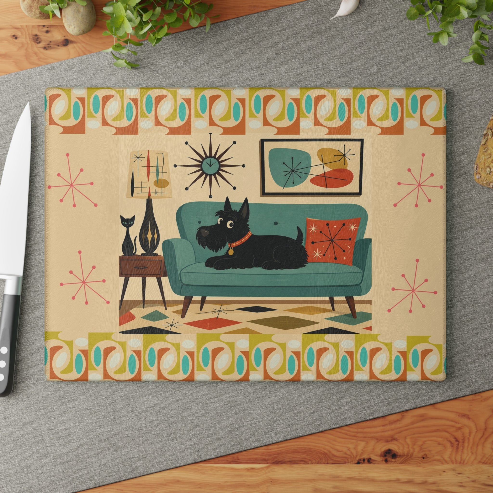 Mid Century Living Room Scotty Dog Glass Cutting Board | Retro Atomic Art