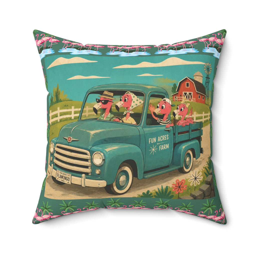 MCM Pink Flamingo Vintage Farm Truck Pillow | Retro Pickup with Farm Animals