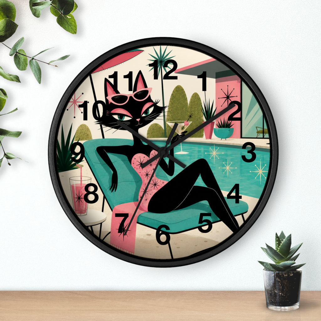 Retro Atomic Cat Lounge Wall Clock | Mid Century Modern Poolside Cat Art