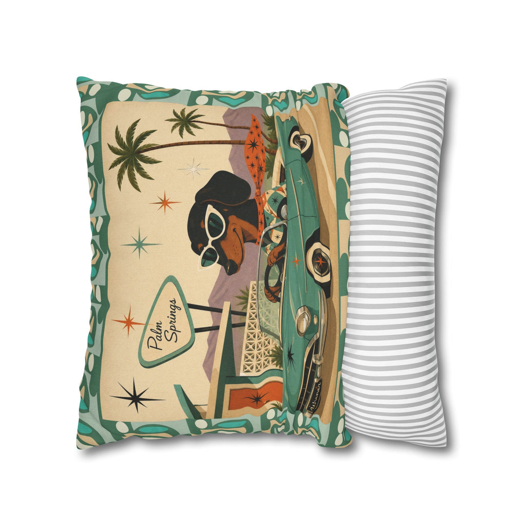 Retro Dachshund Driving Convertible Pillowcase | Palm Springs Vintage Car - COVER ONLY