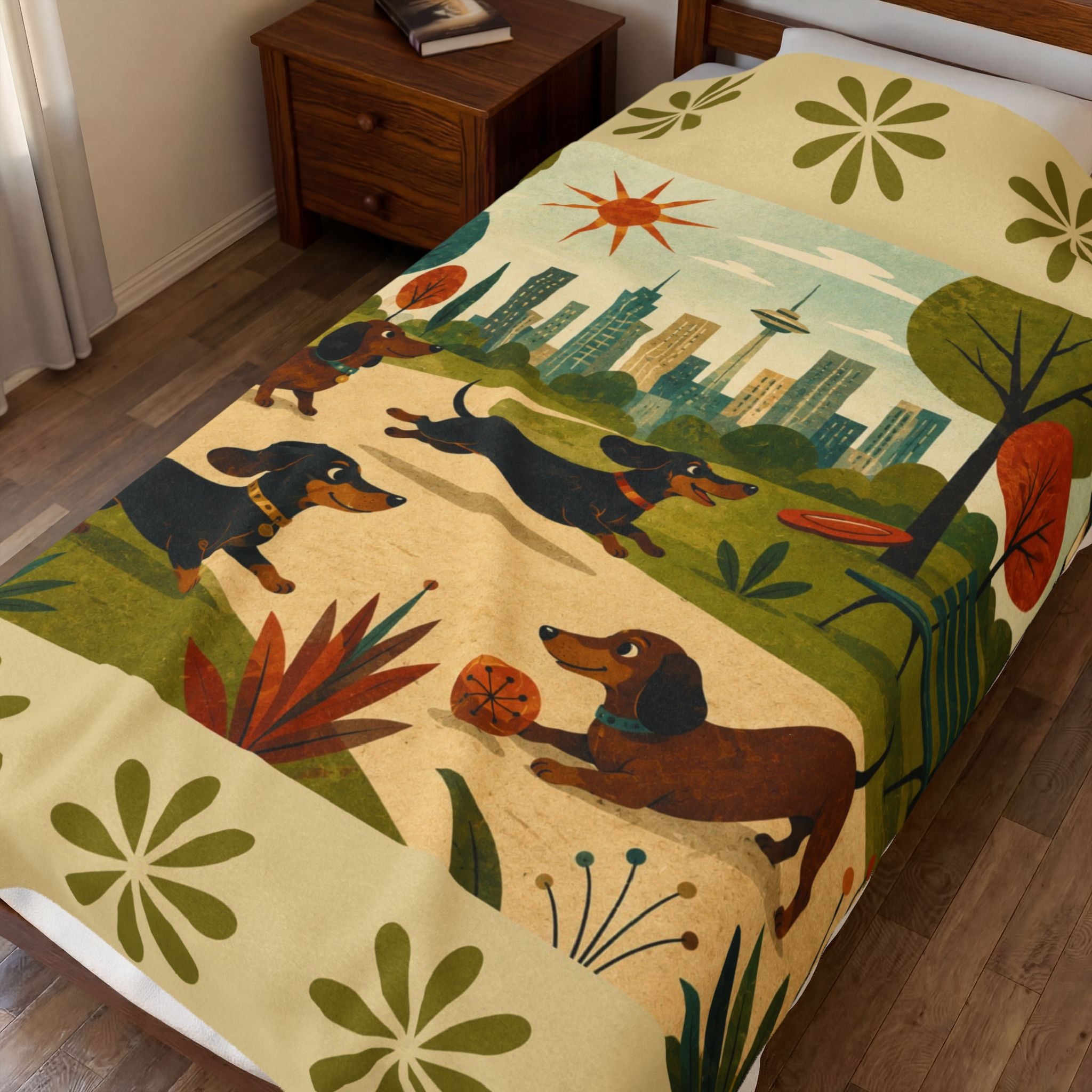 MCM Dachshund Park Scene Velveteen Plush Blanket | Retro City Park Dogs