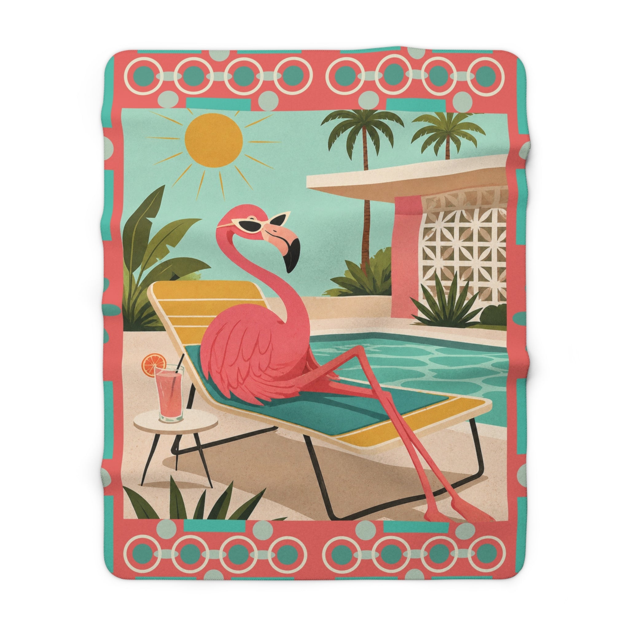 Retro Flamingo sun bathing Sherpa Blanket | Mid Century Tropical Throw