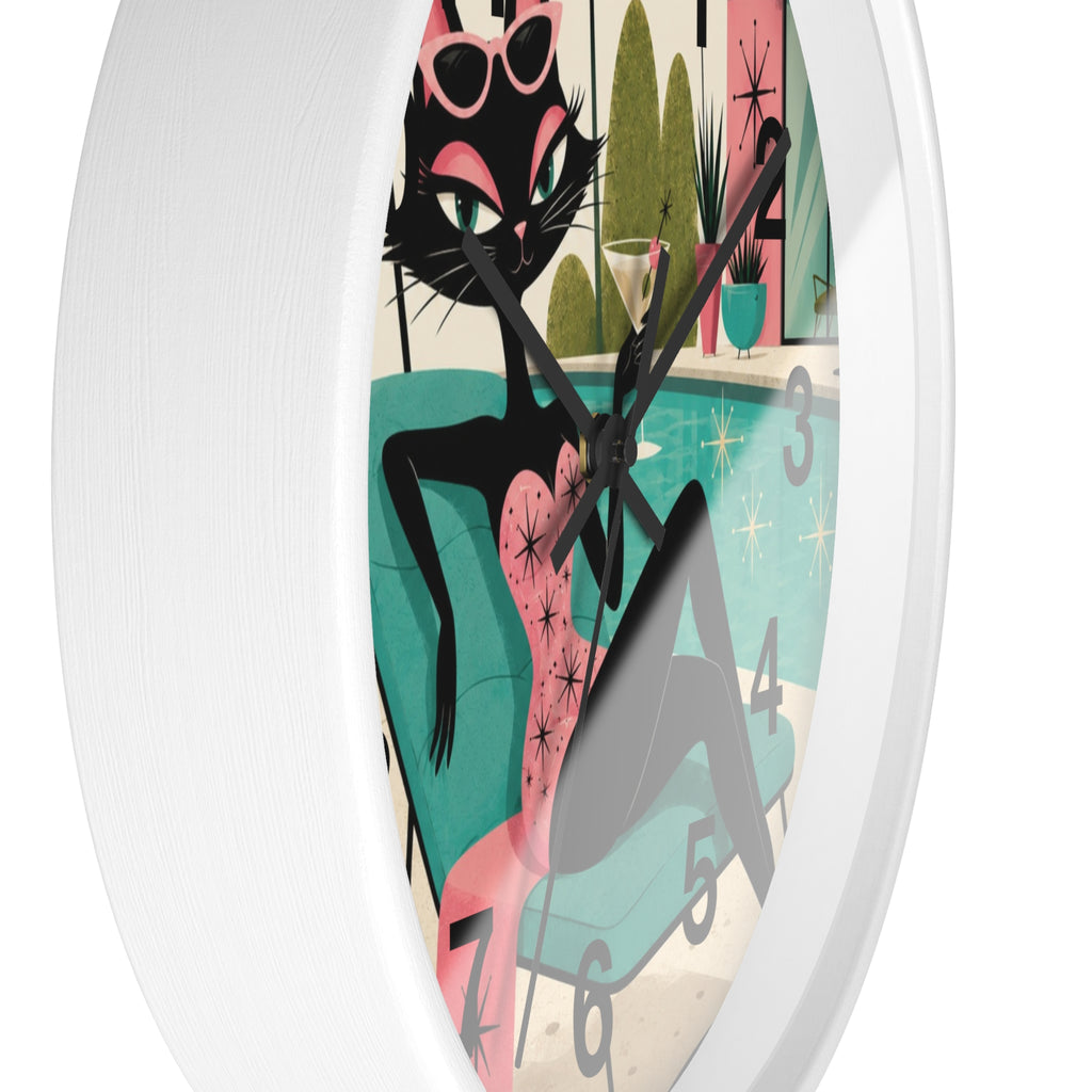 Retro Atomic Cat Lounge Wall Clock | Mid Century Modern Poolside Cat Art