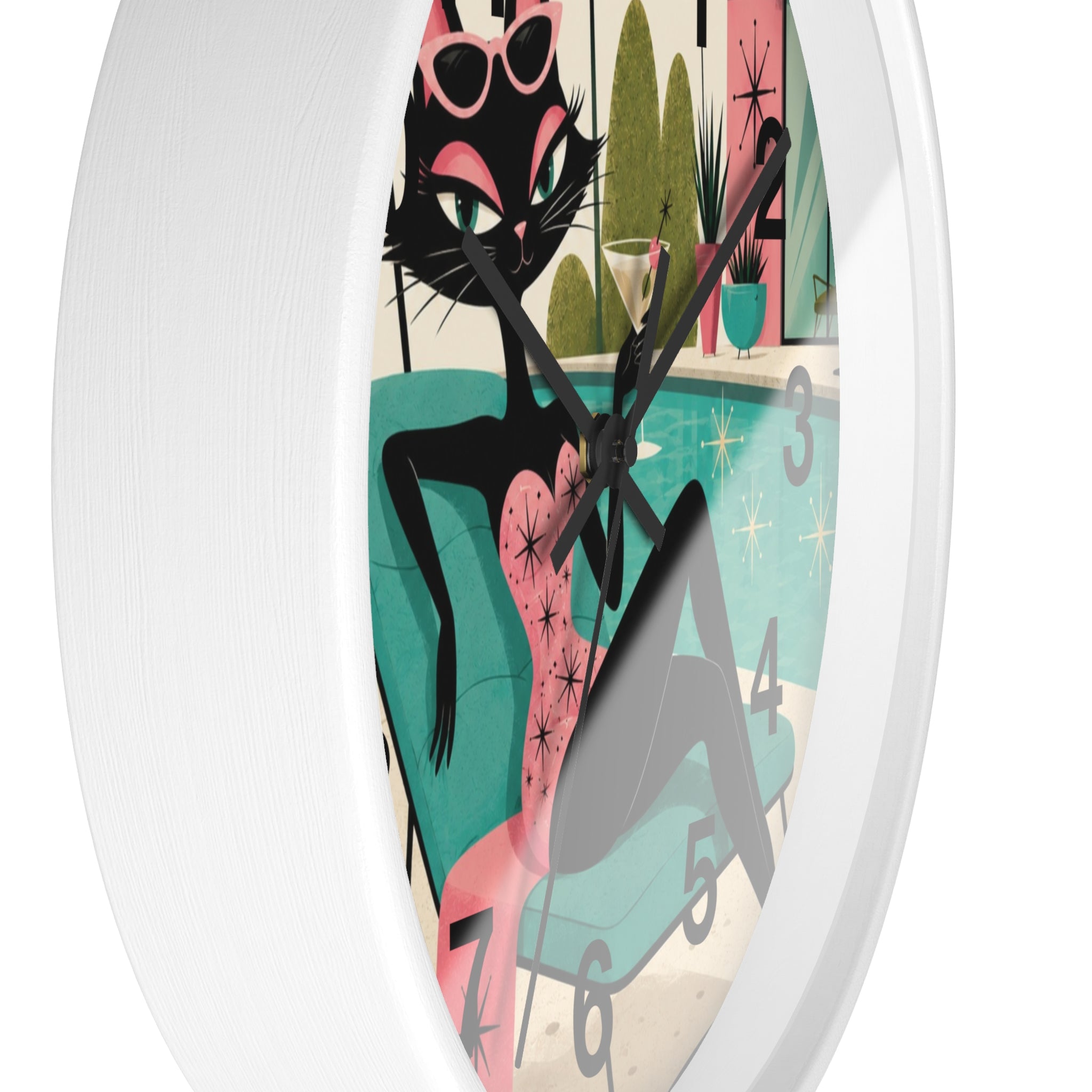 Retro Atomic Cat Lounge Wall Clock | Mid Century Modern Poolside Cat Art
