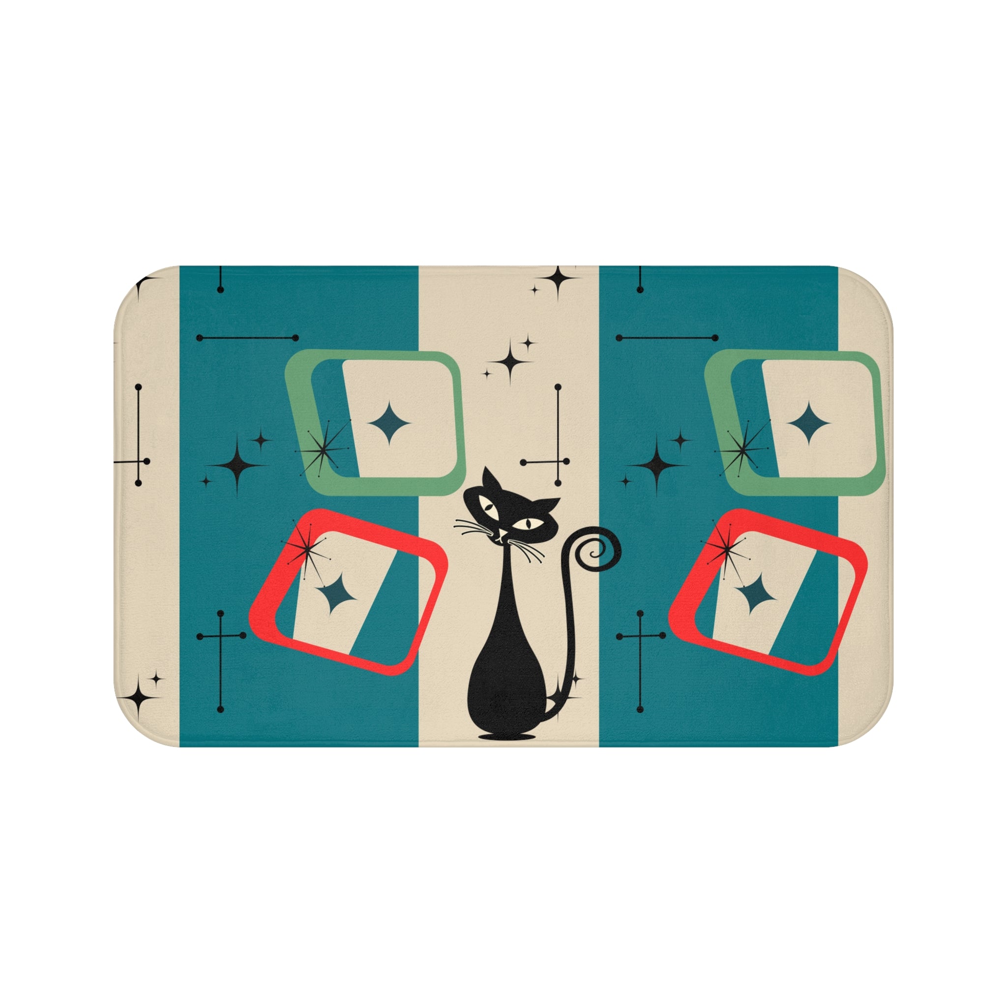 Atomic cat teal and shapes Bath Mat, retro bathroom, MCM bath mat, non slip, 50s 60s kitschy inspired, black cat lover gift