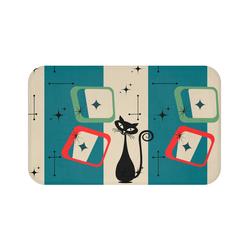Atomic cat teal and shapes Bath Mat, retro bathroom, MCM bath mat, non slip, 50s 60s kitschy inspired, black cat lover gift