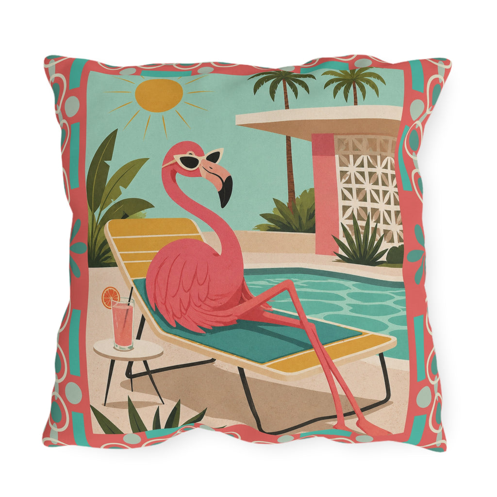 MCM Pink Flamingo Poolside Outdoor Pillow | Retro Mid Century Tropical
