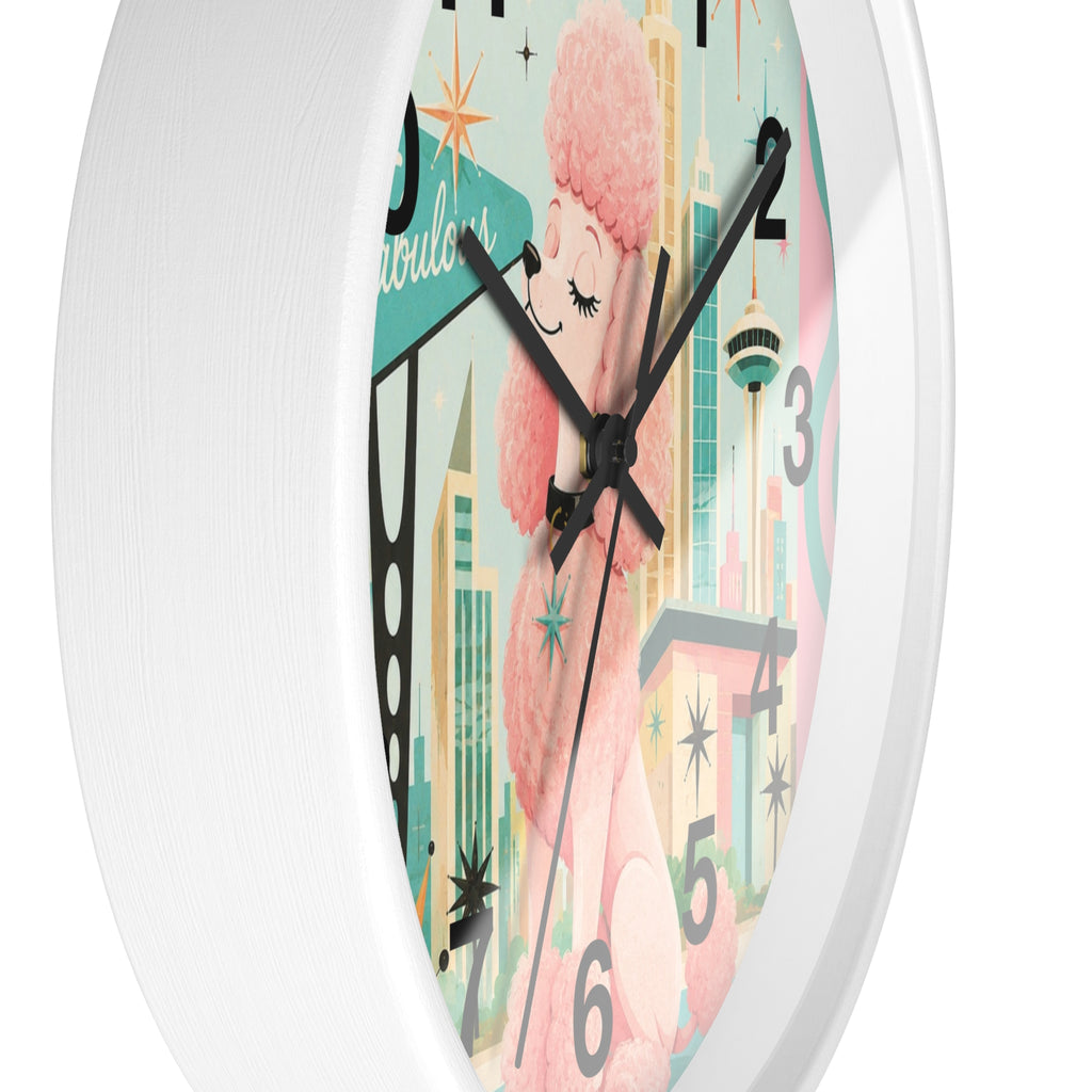 Pink Retro Poodle Wall Clock | Mid Century Atomic City Scene