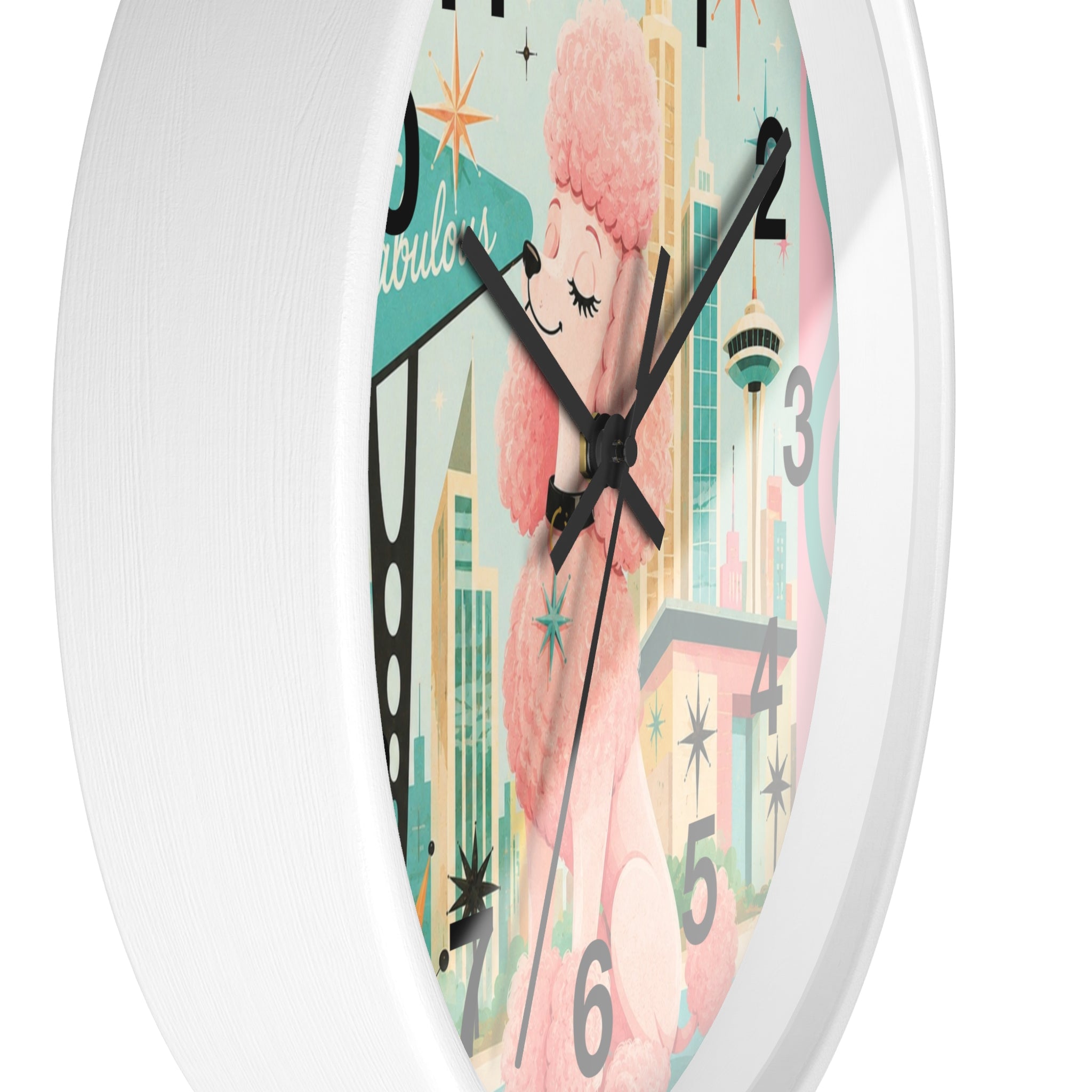 Pink Retro Poodle Wall Clock | Mid Century Atomic City Scene