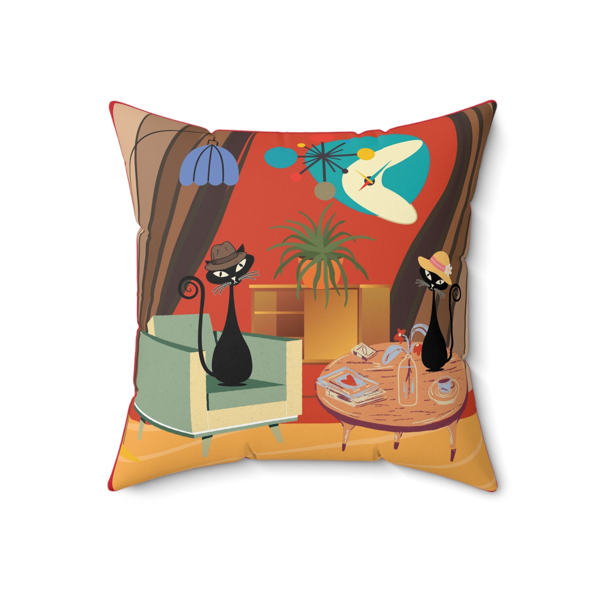 Atomic cat MCM Spun Polyester Square Pillow, retro scatter throw cushion, Mid Century Modern, black cat lover gift