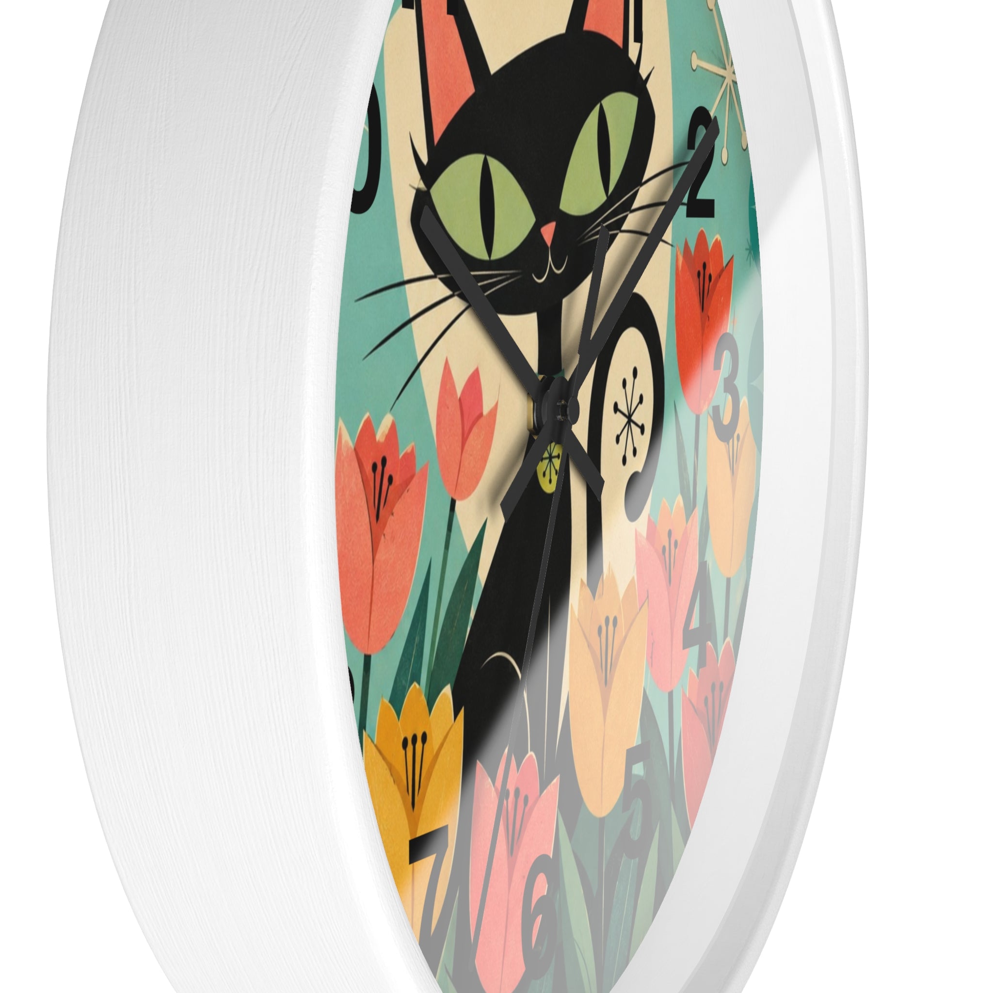 Atomic Black Cat in Tulips Wall Clock | Retro Cat Illustration, Spring Floral