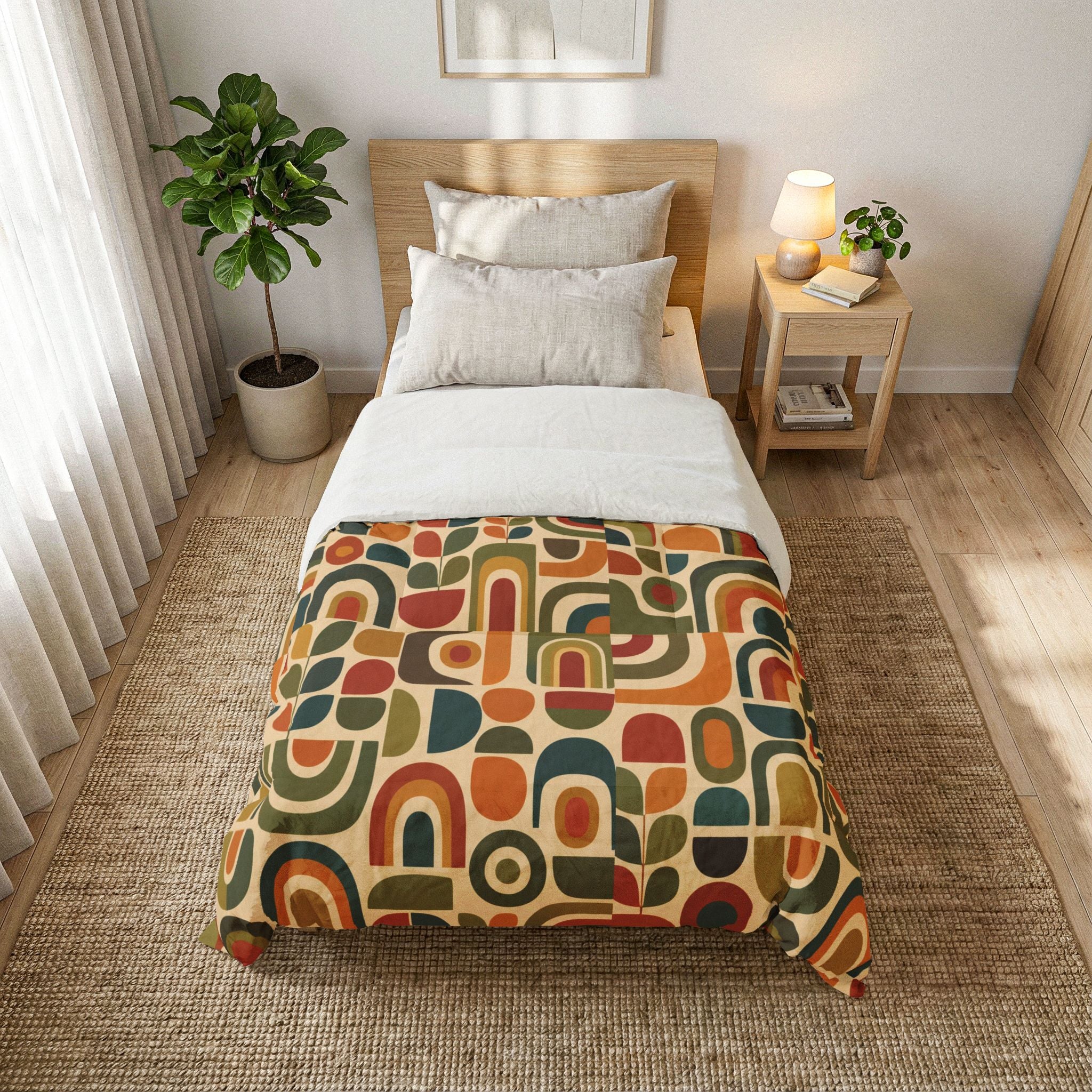 Retro Geometric Pattern Comforter | Mid Century Shapes, Earth Tones