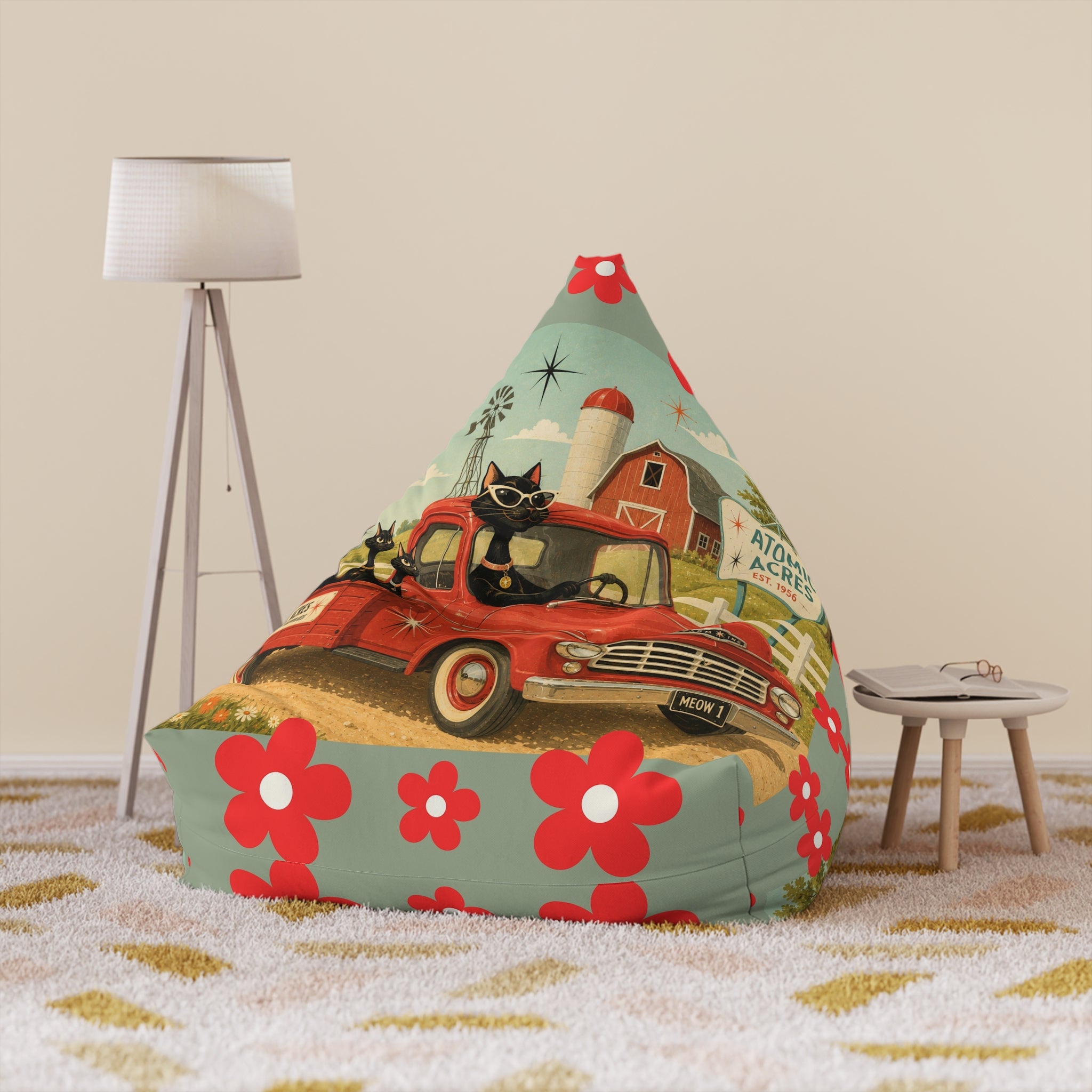 Atomic cat Retro Red Daisy Pattern Bean Bag Chair Cover | Floral Boho Decor