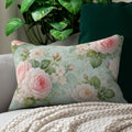 Vintage Rose Floral Lumbar Pillow | Shabby Chic Pink Roses on Mint