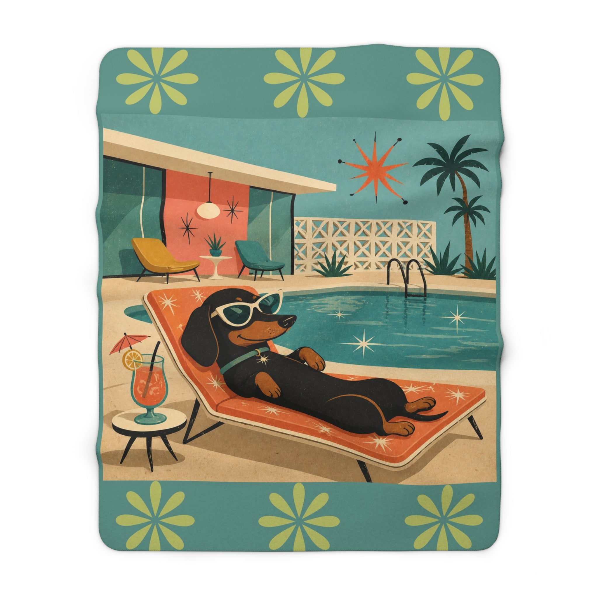Retro Dachshund Poolside Lounge Sherpa Fleece Blanket | Mid Century Dog Summer