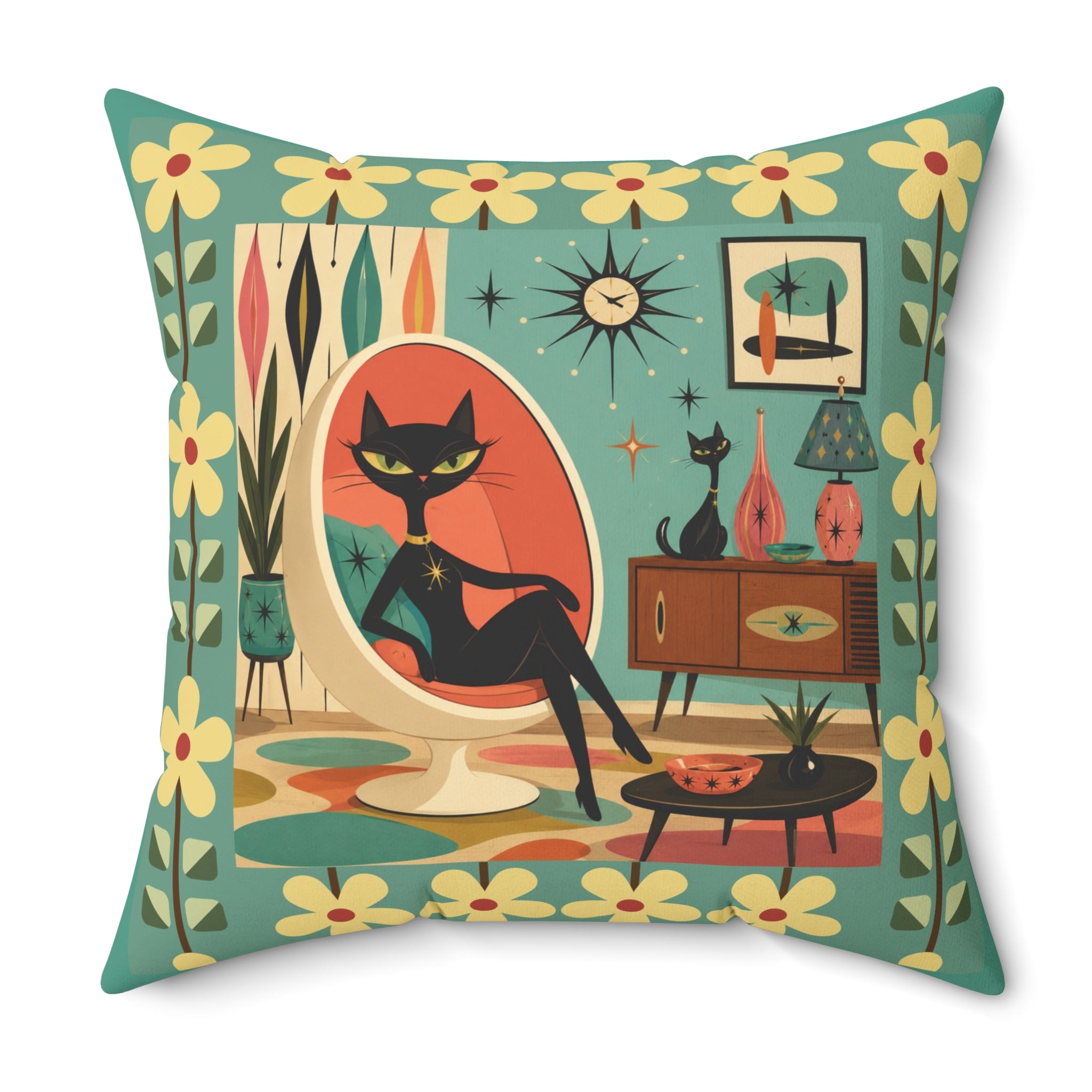 Mid Century Retro Atomic Black Cat in Egg chair Pillow | 1950s Vintage Living Room Decor