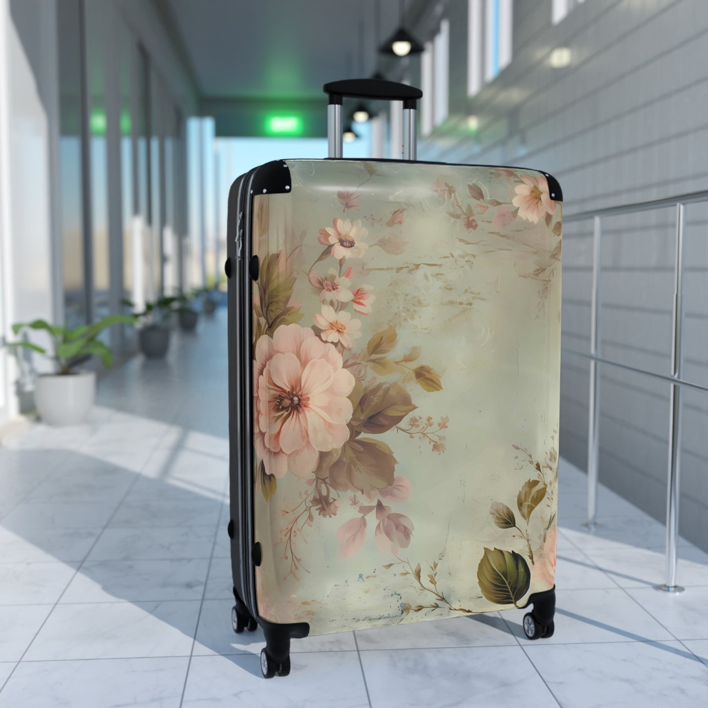 Boho shabby chic style Suitcase on wheels, carry on luggage, travel luggage, cute floral suitcases, durable hard shell, lockable case