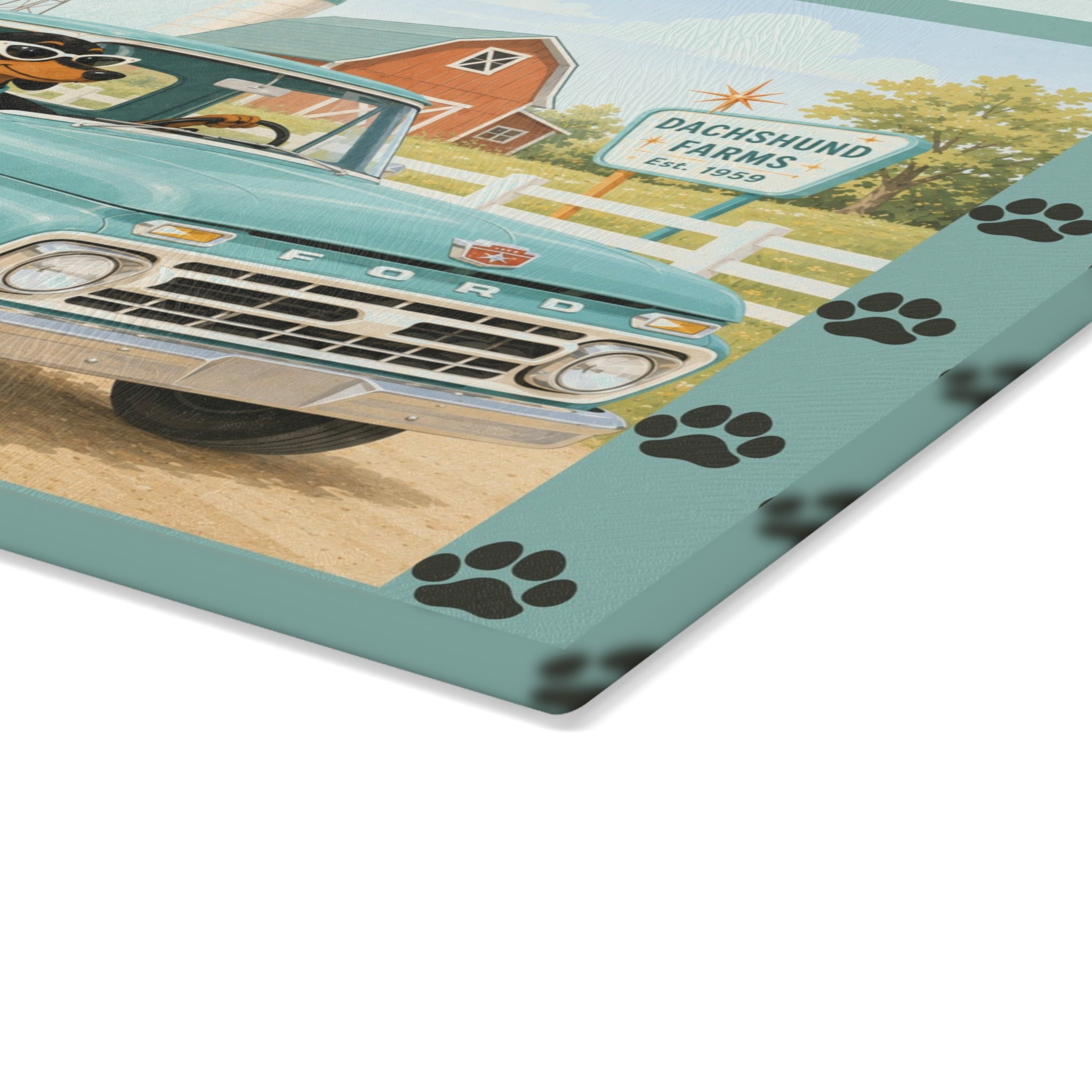 MCM Dachshund Farm Truck Glass Cutting Board | Retro Doxie Dogs Kitchen Decor