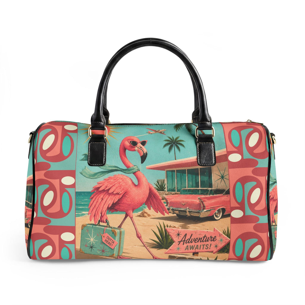 Retro Flamingo fly away Beach Duffle Faux Leather Travel Bag | Vintage Tiki Roadtrip