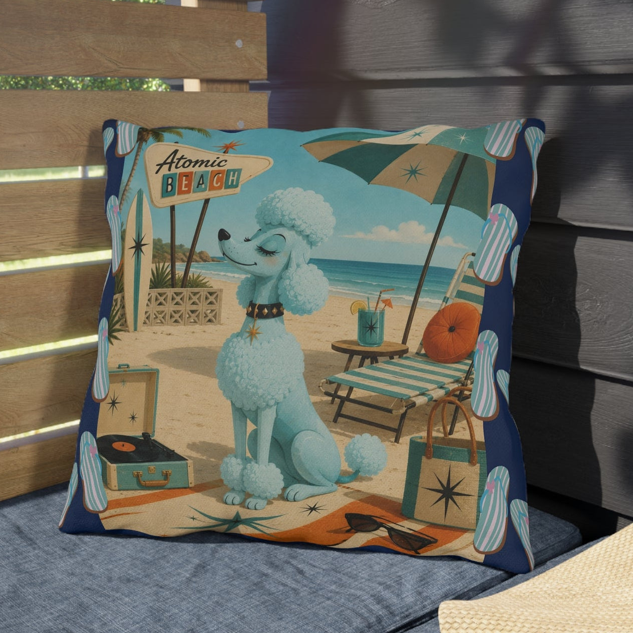 Retro Atomic Beach Blue Poodle Outdoor Pillow | Mid Century Coastal Decor