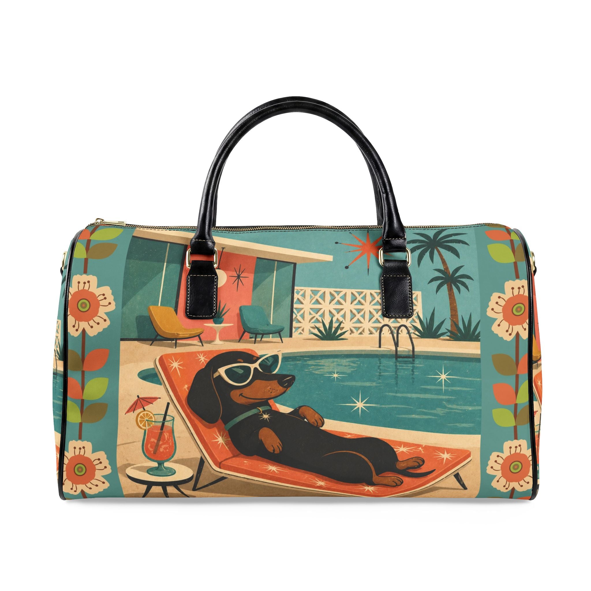 Retro Dachshund Poolside Lounge PU Leather Travel Bag | Vintage Mid Century