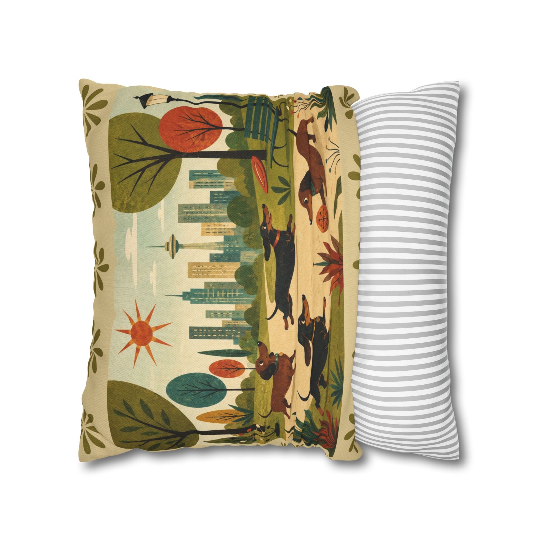 MCM Dachshund Park Scene Pillowcase | Square Decorative Throw Pillowcase - COVER ONLY
