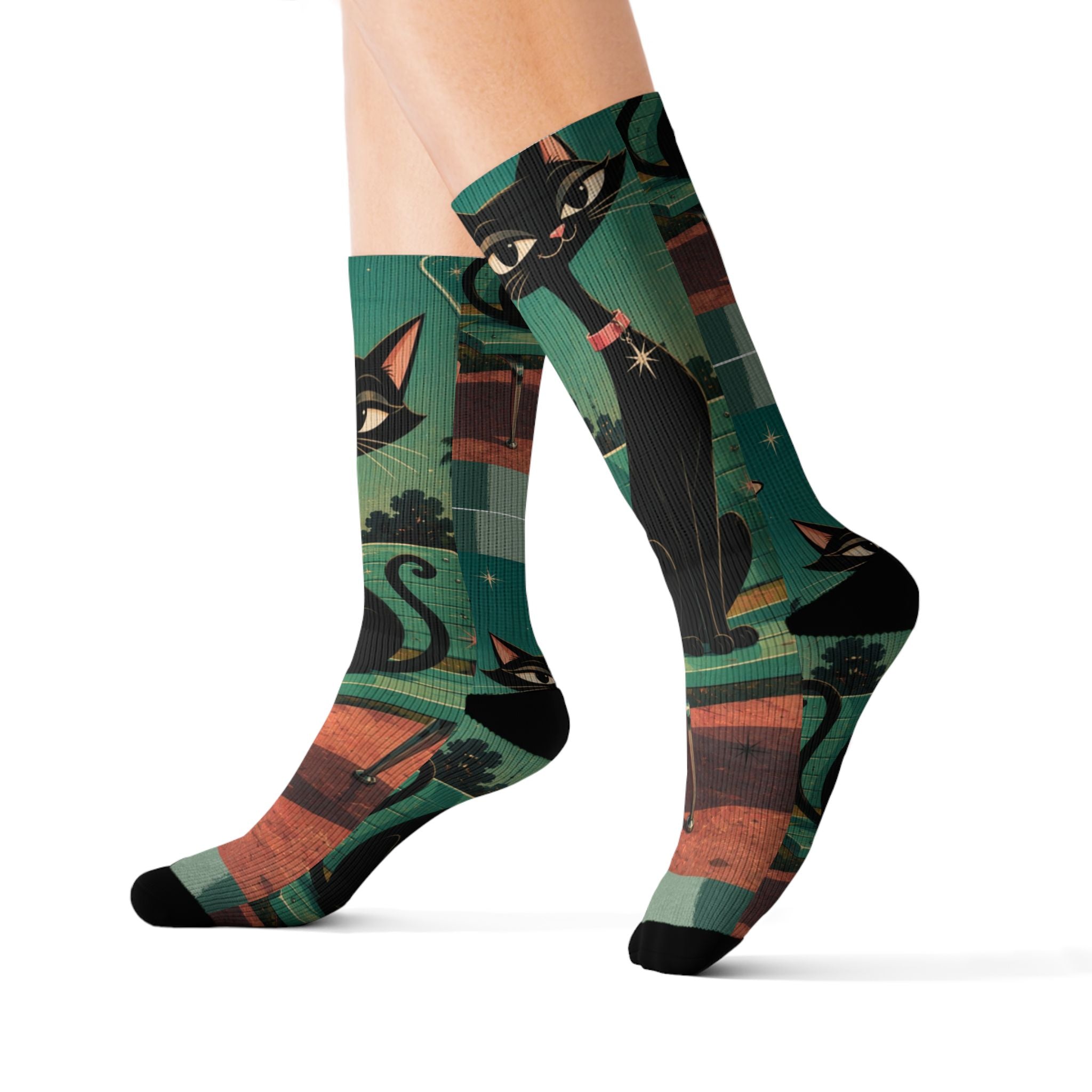 Retro Atomic Black Cats Socks | Teal Night Cat Pattern Sublimation Socks