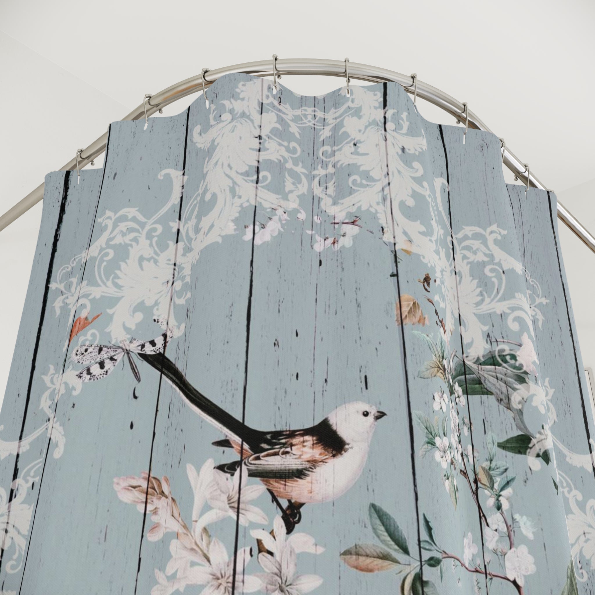 Shabby Chic Blue wood look Shower Curtain with Birds and Blossoms, vintage curtains, floral curtains, stall bathtub curtain