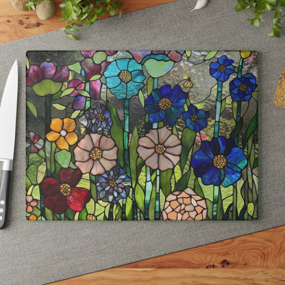 Glass Cutting Board, stained glass look, flower garden, cheese board, bread, serving, tempered glass chopping board