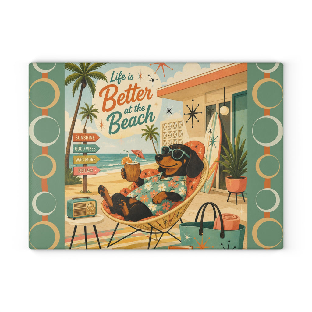 Life Is Better at the Beach Dachshund Glass Cutting Board | Retro Beach Scene