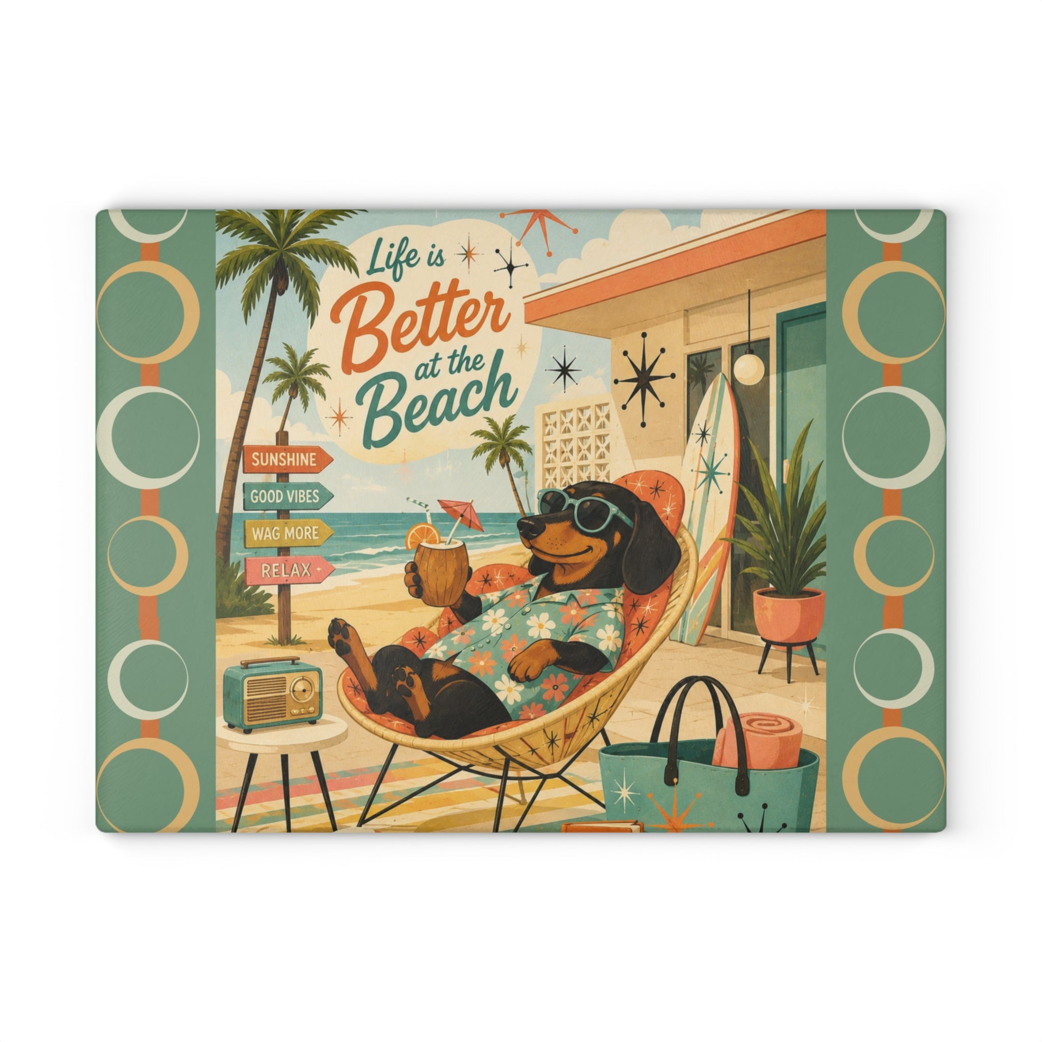 Life Is Better at the Beach Dachshund Glass Cutting Board | Retro Beach Scene