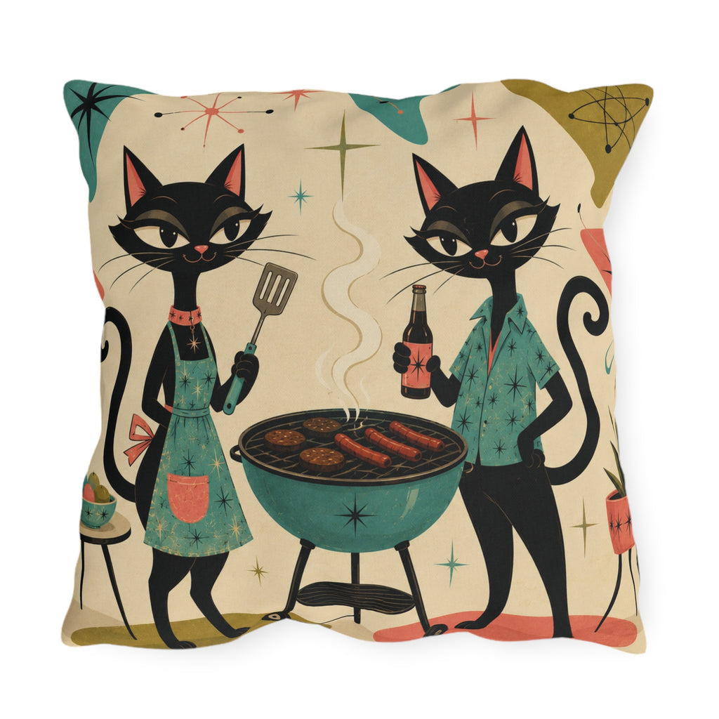 Retro Atomic Black Cats BBQ Outdoor Pillow | Mid Century Modern Cat Grill Decorative Cushion