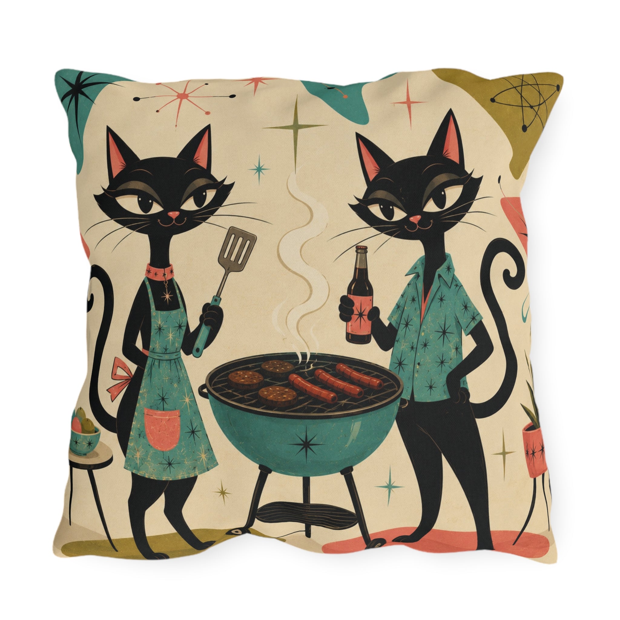 Retro Atomic Black Cats BBQ Outdoor Pillow | Mid Century Modern Cat Grill Decorative Cushion
