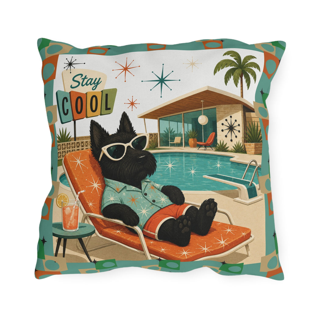 Retro Poolside Scottie Dog Stay Cool Outdoor Pillow | Mid Century Modern