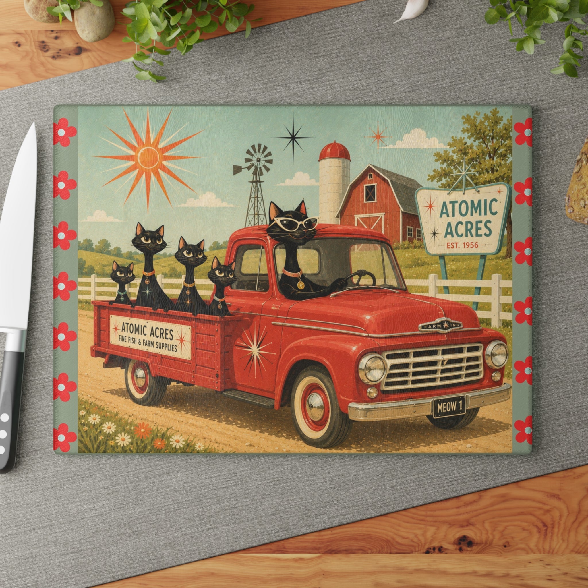 Retro Atomic Black Cats on Red Truck Glass Cutting Board | MCM Atomic Acres Farm