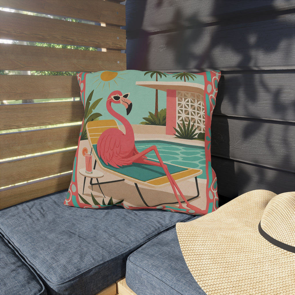 MCM Pink Flamingo Poolside Outdoor Pillow | Retro Mid Century Tropical