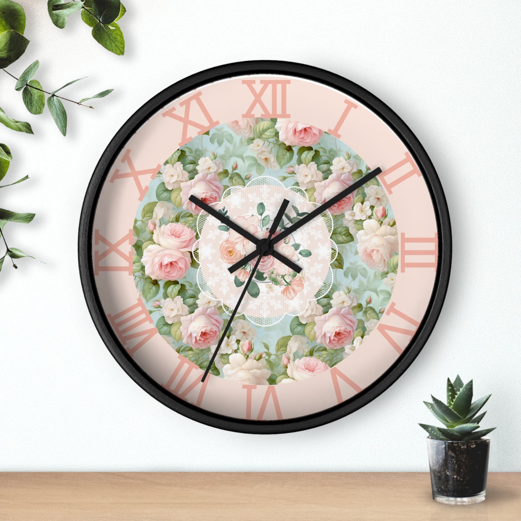 Shabby chic inspired pink rose Wall Clock, kitchen living room bedroom wall clock, silent mechanism