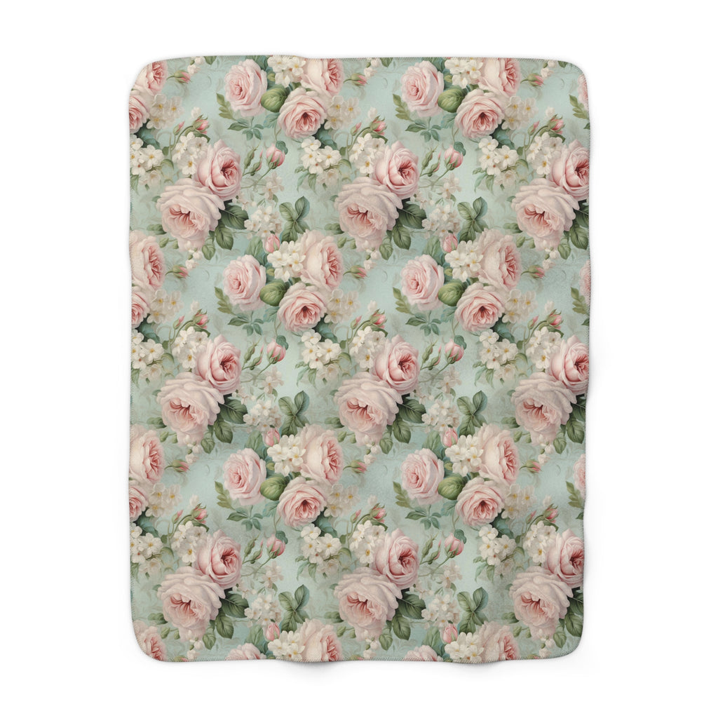 Pink vintage roses shabby chic style Sherpa Fleece Blanket, throw blanket, bedroom living room couch blanket