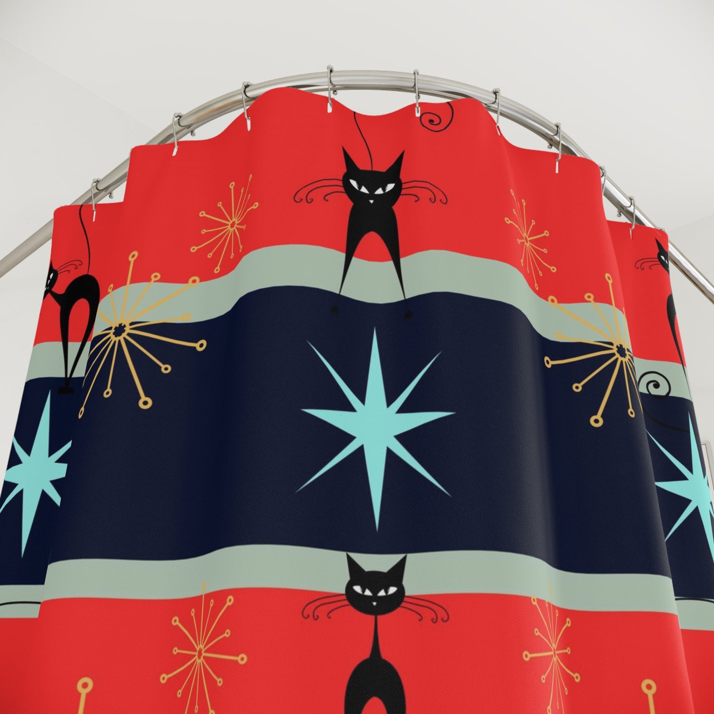 Red and blue atomic cat retro inspired Shower Curtain, mid century modern, modern vintage, cat shower curtain