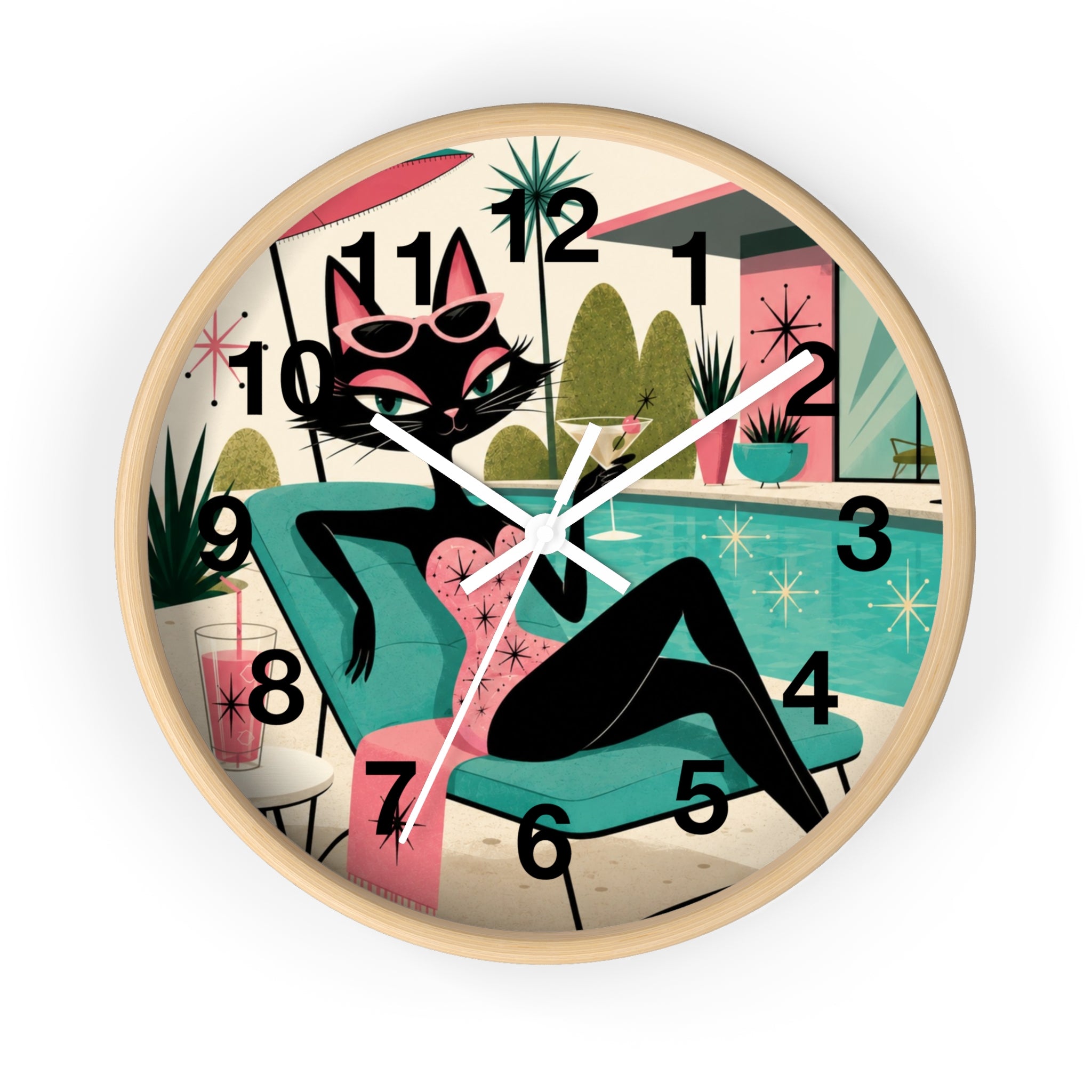 Retro Atomic Cat Lounge Wall Clock | Mid Century Modern Poolside Cat Art