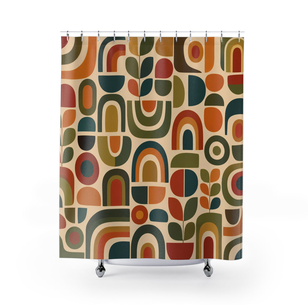 Mid Century Abstract Geometric Shower Curtain | Retro Rainbow Shapes