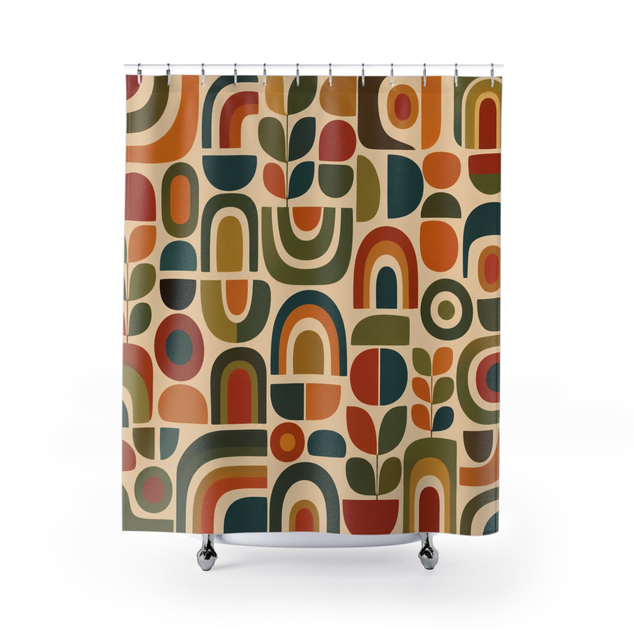 Mid Century Abstract Geometric Shower Curtain | Retro Rainbow Shapes