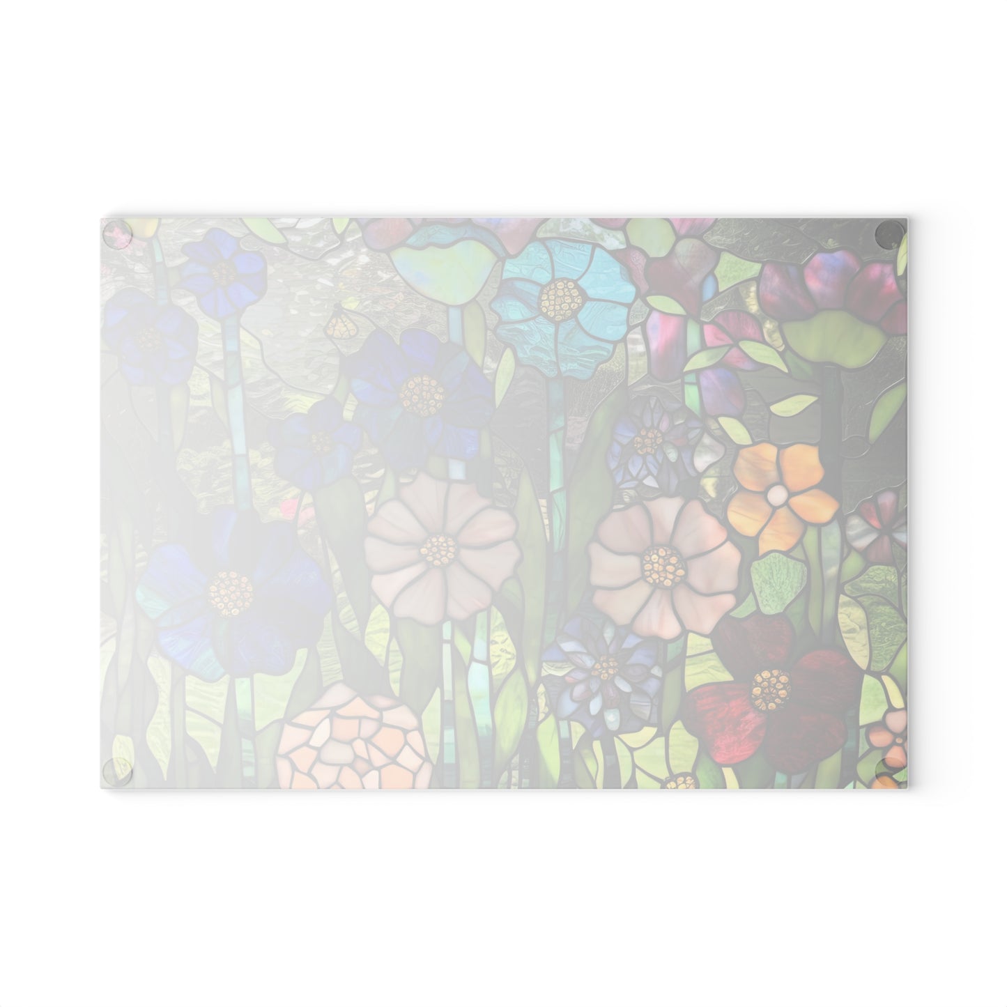 Glass Cutting Board, stained glass look, flower garden, cheese board, bread, serving, tempered glass chopping board