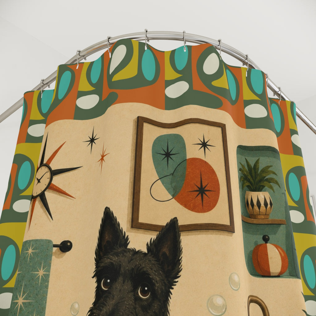Scottish Terrier Bath Scene Shower Curtain | Mid Century Retro Bathroom