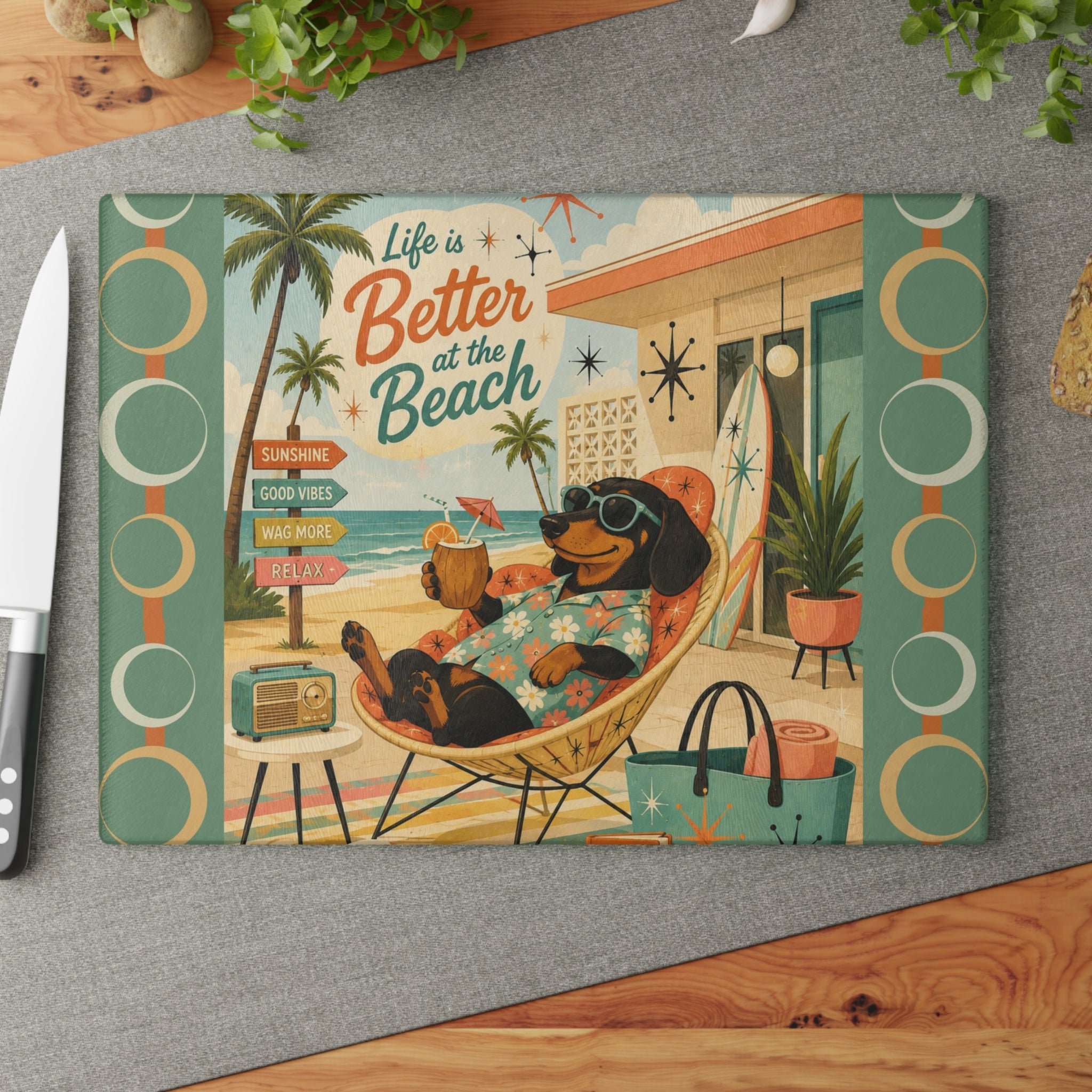 Life Is Better at the Beach Dachshund Glass Cutting Board | Retro Beach Scene
