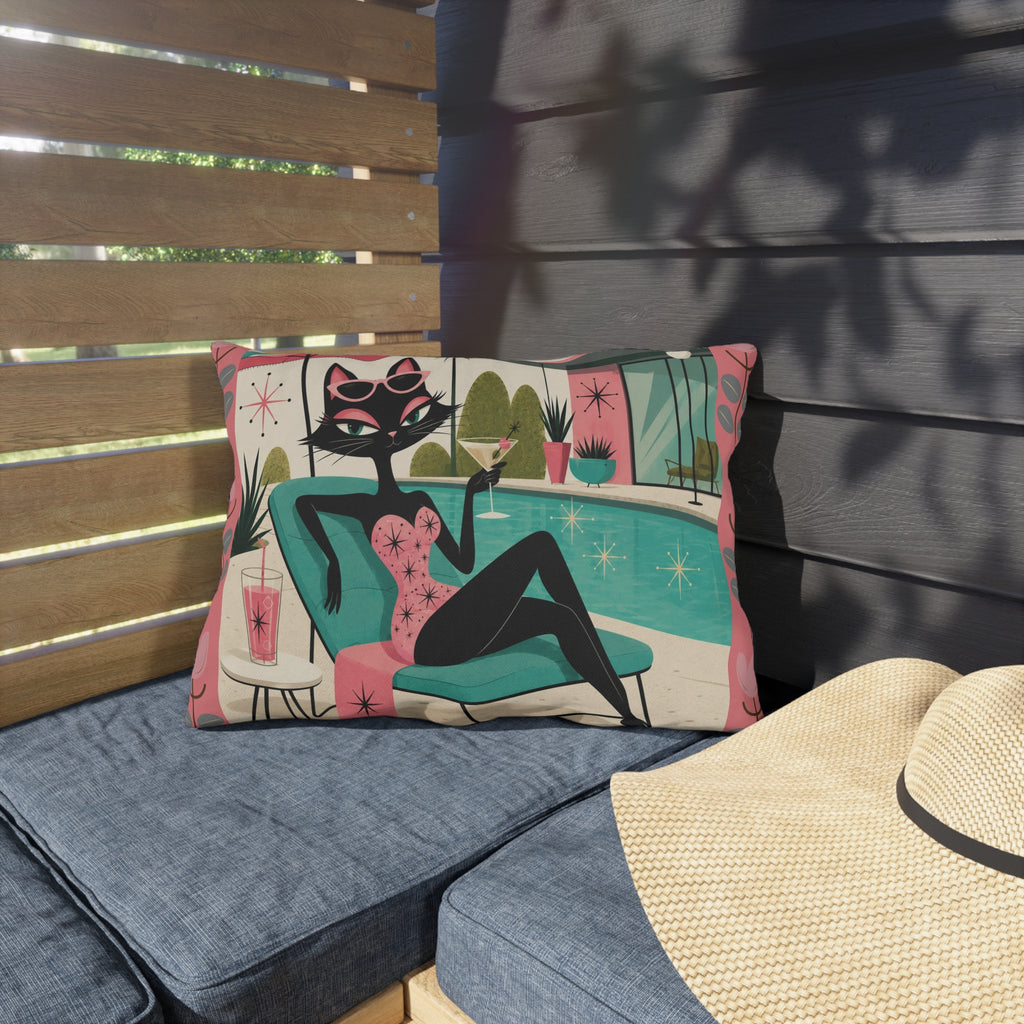 Retro Poolside Cat Outdoor Pillow | Mid Century Modern Cocktail